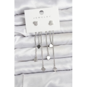 Kalp Model Gümüş Renk Pirinç Sallantılı Kadın Küpe - Lisinya