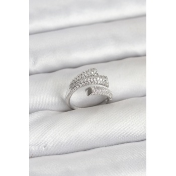 Gümüş Renk Zirkon Taşlı Pirinç Kadın Yüzük - Lisinya