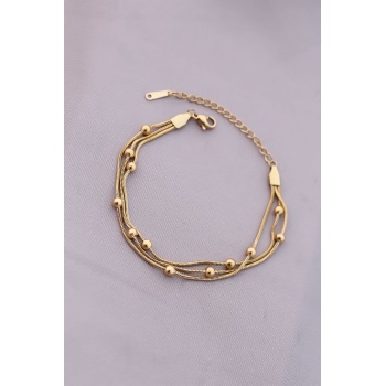 316L Kararmaz Çelik Gold Renk Top Zincirli Kadın Bileklik - Lisinya