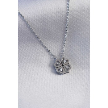 316L Çelik Gümüş Renk Açılır Yonca Model Kadın Kolye - Lisinya