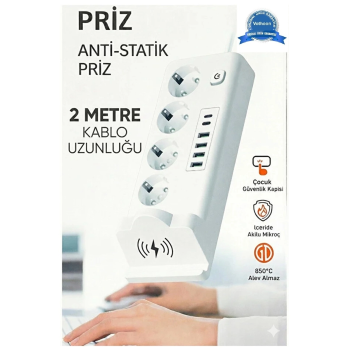 Akım Korumalı Priz Ve Masaüstü Şarj İstasyonu Kablosuz 4 Priz ,4 Usb, 2 Type-c Girişli 2 Metre ( Lisinya )