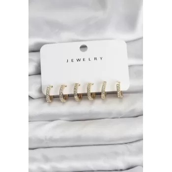 Gold Renk Pirinç Zirkon Taşlı Halka Kadın Küpe Seti