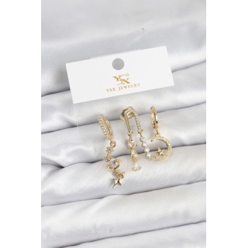 Pirinç Gold Renk Zirkon Taşlı Uzay Model YSX Trio Küpe Seti -