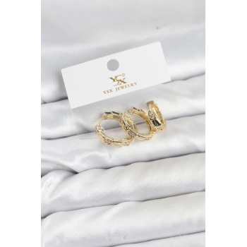 Pirinç Gold Renk Zirkon Taşlı Halka Yılan Model YSX Trio Küpe Seti -