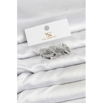 Pirinç Gümüş Renk Zirkon Taşlı Halka Yılan Model YSX Trio Küpe Seti -