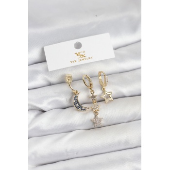 Pirinç Gold Renk Zirkon Taşlı Ay ve Yıldız Model YSX Trio Küpe Seti -