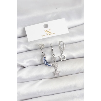 Pirinç Gümüş Renk Zirkon Taşlı Ay ve Yıldız Model YSX Trio Küpe Seti -