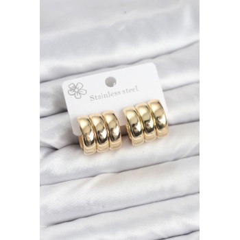 316L Çelik Gold Renk 3lü Görünüm Kadın Küpe -
