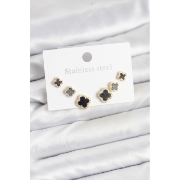 316L Çelik Zirkon Taşlı Yonca Model Kadın Küpe Seti -