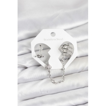 Pirinç Gümüş Renk Sarmal Model Zincir Bağlantılı Ear Cuff Küpe Seti -