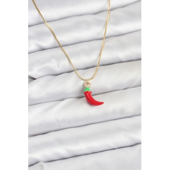 Pirinç Gold Renk Kırmızı Kapya Biber Model Kadın Kolye - Lisinya