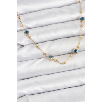 316L Çelik Gold Renk Nazarlı ve Topçuklu Model Kadın Kolye - Lisinya