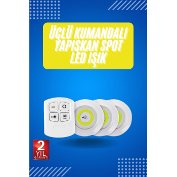 Yapışkanlı 3lü Spot Led Işık Lamba Montajsız Pilli Uzaktan Kumandalı ( Lisinya )