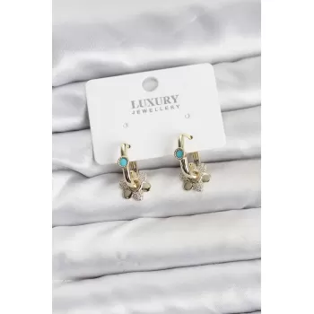 Mavi Taş Detaylı Pirinç Gold Renk Kadın Göçmen Küpesi