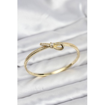 Pirinç Gold Renk Zirkon Taşlı Fiyonk Model Kadın Kelepçe Bileklik - Lisinya
