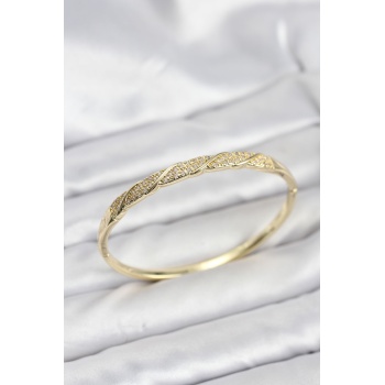 Pirinç Gold Renk Zirkon Taşlı Model Kadın Kelepçe Bileklik - Lisinya