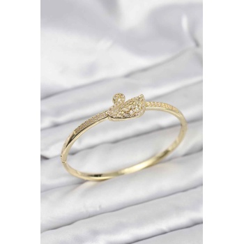 Pirinç Gold Renk Zirkon Taşlı Kuğu Model Kadın Kelepçe Bileklik - Lisinya