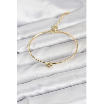 Zirkon Taşlı Yonca Model Gold Renk Kadın Bileklik - Lisinya