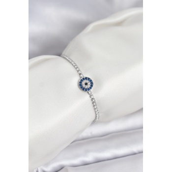 Gümüş Renk Nazar Model Zirkon Taşlı Asansörlü Su Yolu Bileklik - Lisinya