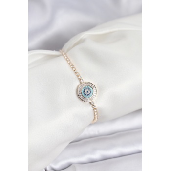 Gold Renk Nazar Model Zirkon Taşlı Asansörlü Su Yolu Bileklik - Lisinya