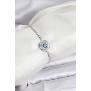 Nazar Model Zirkon Taşlı Gümüş Renk Asansörlü Su Yolu Bileklik - Lisinya