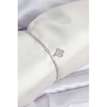 Yonca Model Zirkon Taşlı Gümüş Renk Asansörlü Su Yolu Bileklik - Lisinya