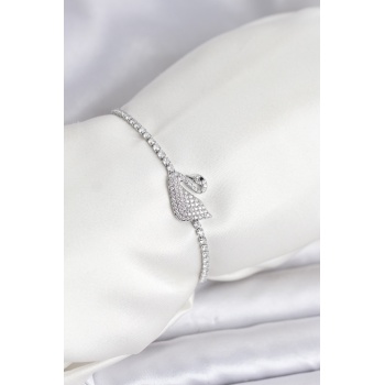 Kuğu Model Zirkon Taşlı Gümüş Renk Asansörlü Su Yolu Bileklik - Lisinya