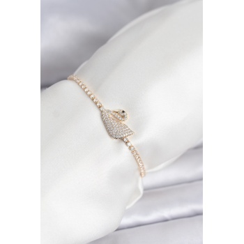 Kuğu Model Zirkon Taşlı Gold Renk Asansörlü Su Yolu Bileklik - Lisinya
