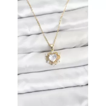 316L Çelik Zincir Gold Renk Kalp Model Zirkon Taşlı Kadın Kolye