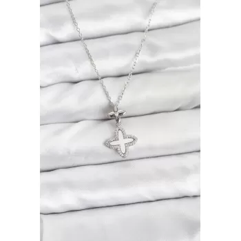 316L Çelik Zincir Gümüş Renk 4 Yapraklı Yonca Model Zirkon Taşlı Kadın Kolye