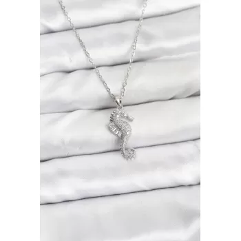 316L Çelik Zincir Gümüş Renk Deniz Atı Model Zirkon Taşlı Kadın Kolye