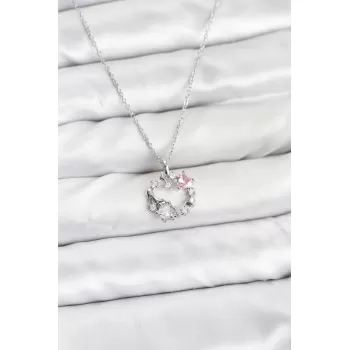 316L Çelik Zincir Gümüş Renk Pembe Taş Detaylı Çelenk Model Kadın Kolye