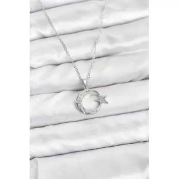 316L Çelik Zincir Gümüş Renk Ay Yıldız Model Zirkon Taşlı Kadın Kolye