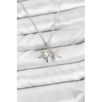 316L Çelik Zincir Gümüş Renk Deniz Yıldızı Model Zirkon Taşlı Kadın Kolye