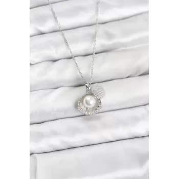 316L Çelik Zincir Gümüş Renk İncili Deniz Kabuğu Model Zirkon Taşlı Kadın Kolye