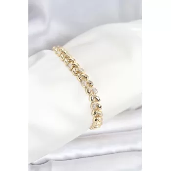 Pirinç Gold Renk VIP Seri Sarmal Damla Model Zirkon Taşlı Kadın Bileklik