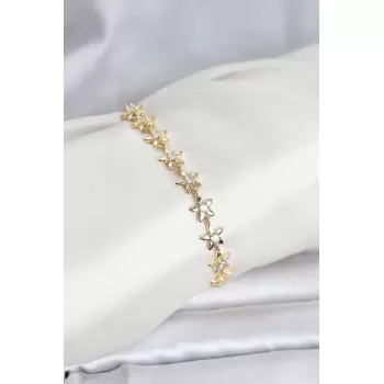 Pirinç Gold Renk VIP Seri Sıralı Taşlı Yıldız Model Zirkon Taşlı Kadın Bileklik