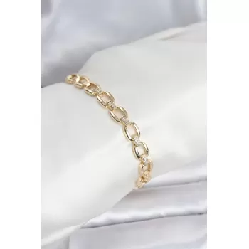 Pirinç Gold Renk VIP Seri Zincir Model Zirkon Taşlı Kadın Bileklik
