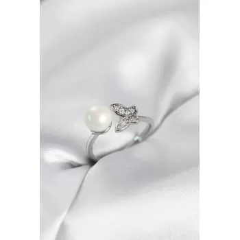 Kelebek İncili Model Gümüş Renk Zirkon Taşlı Kadın Yüzük