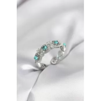 Mavi Taşlı Gümüş Renk Vintage Kadın Yüzük