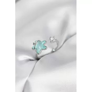 Gümüş Renk Turkuaz Yıldız Model Kadın Yüzük