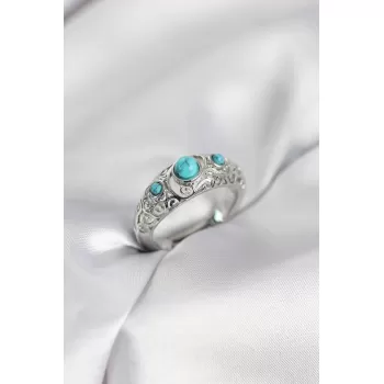 Vintage Model Mavi Taşlı Gümüş Renk Kadın Yüzük
