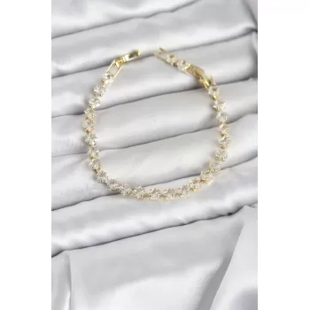 Kare Zirkon Taşlı Gold Renk Pirinç Su Yolu Kadın Bileklik