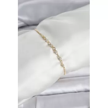 Gold Renk Zincir Model Zirkon Taşlı Pirinç Asansörlü Kadın Bileklik