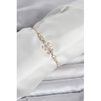 Gold Renk Zirkon Taşlı Papatya Model Asansörlü Kadın Bileklik