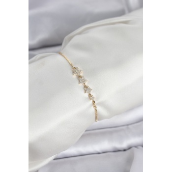 Gold Renk Zirkon Taşlı Yıldız Model Asansörlü Kadın Bileklik -