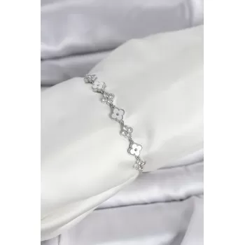 Gümüş Renk Zirkon Taşlı Sıralı Yonca Model Asansörlü Kadın Bileklik