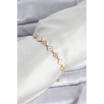 Gold Renk Zirkon Taşlı Sıralı Yonca Model Asansörlü Kadın Bileklik -