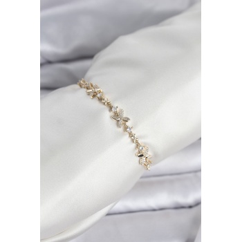 Gold Renk Yonca Model Zirkon Taşlı Asansörlü Kadın Bileklik -