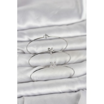 Gümüş Renk Zirkon Taşlı Pirinç 3lü Kadın Bileklik Kombini -